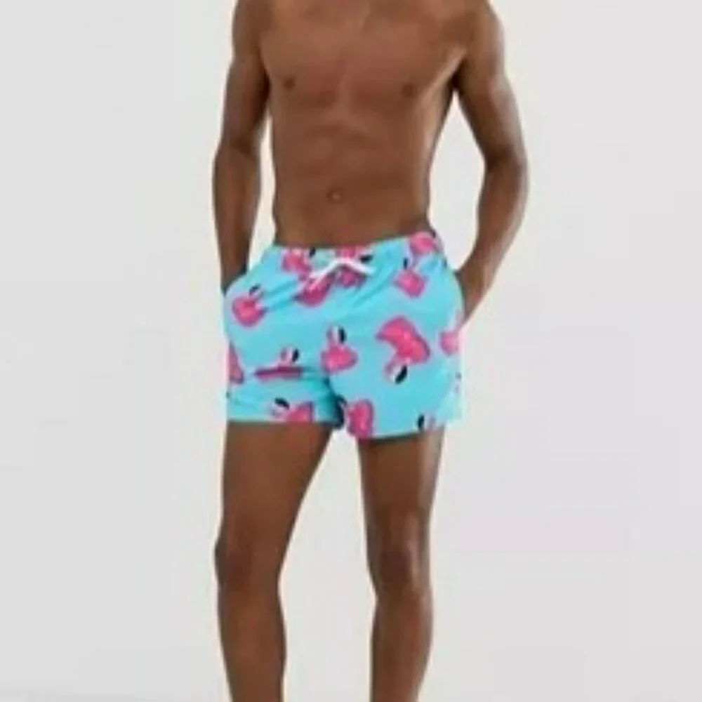 Asos Swim Shorts 2XL Blue Pink Flamingo Print Unlined Pockets Elastic Waist Tie